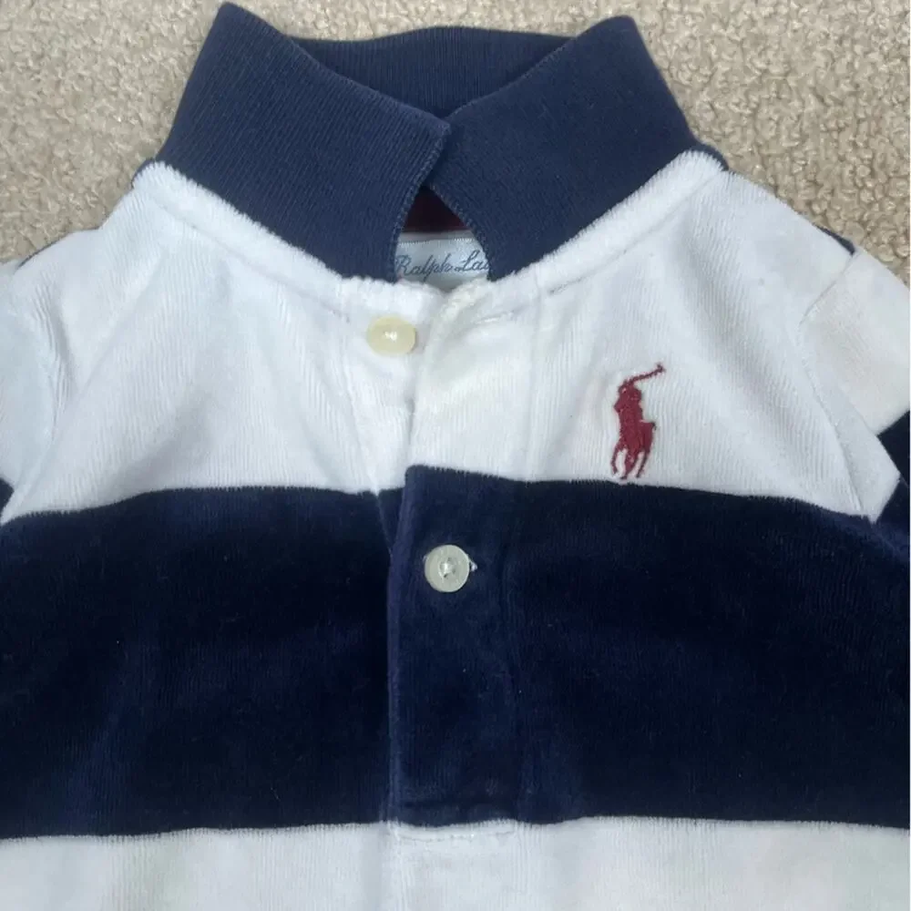 Ralph Lauren Velour Blue White Striped One Piece Baby 3 Months Polo Preppy Rugby
